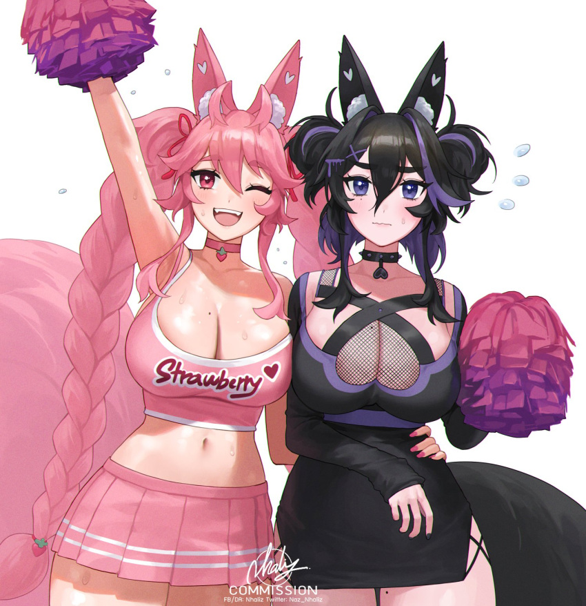 2girls :d animal_ears arm_up black_dress black_hair braid breasts cheerleader choker cleavage clothes_writing commission crop_top double_bun dress flying_sweatdrops fox_ears fox_girl fox_tail hair_between_eyes hair_ornament hand_on_another's_waist highres kireina_(osiimi) kuroina_(osiimi) large_breasts large_tail long_hair midriff miniskirt mole mole_on_breast mole_on_thigh multicolored_hair multiple_girls navel nhaliz one_eye_closed original pink_eyes pink_hair pleated_skirt pom_pom_(cheerleading) purple_eyes purple_hair reluctant short_dress signature skirt sleeves_past_wrists smile spiked_choker spikes streaked_hair sweat tail thick_eyebrows twin_braids twitter_username very_long_hair wavy_mouth x_hair_ornament