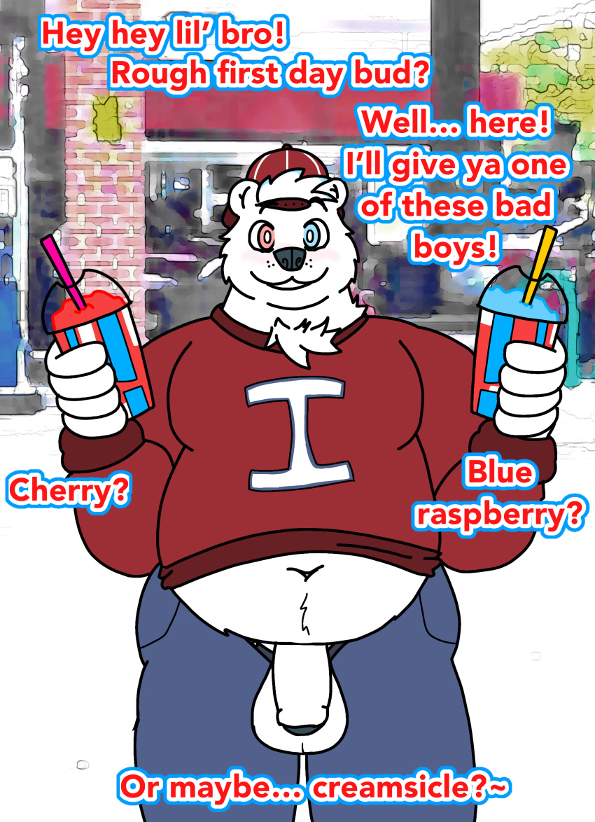 absurd_res anthro belly_overhang belly_tuft blush chest_tuft clothed clothing flaccid genitals heterochromia hi_res icee_bear(the_icee_company) male mammal nanozapz overweight penis polar_bear solo tuft ursid ursine wardrobe_malfunction