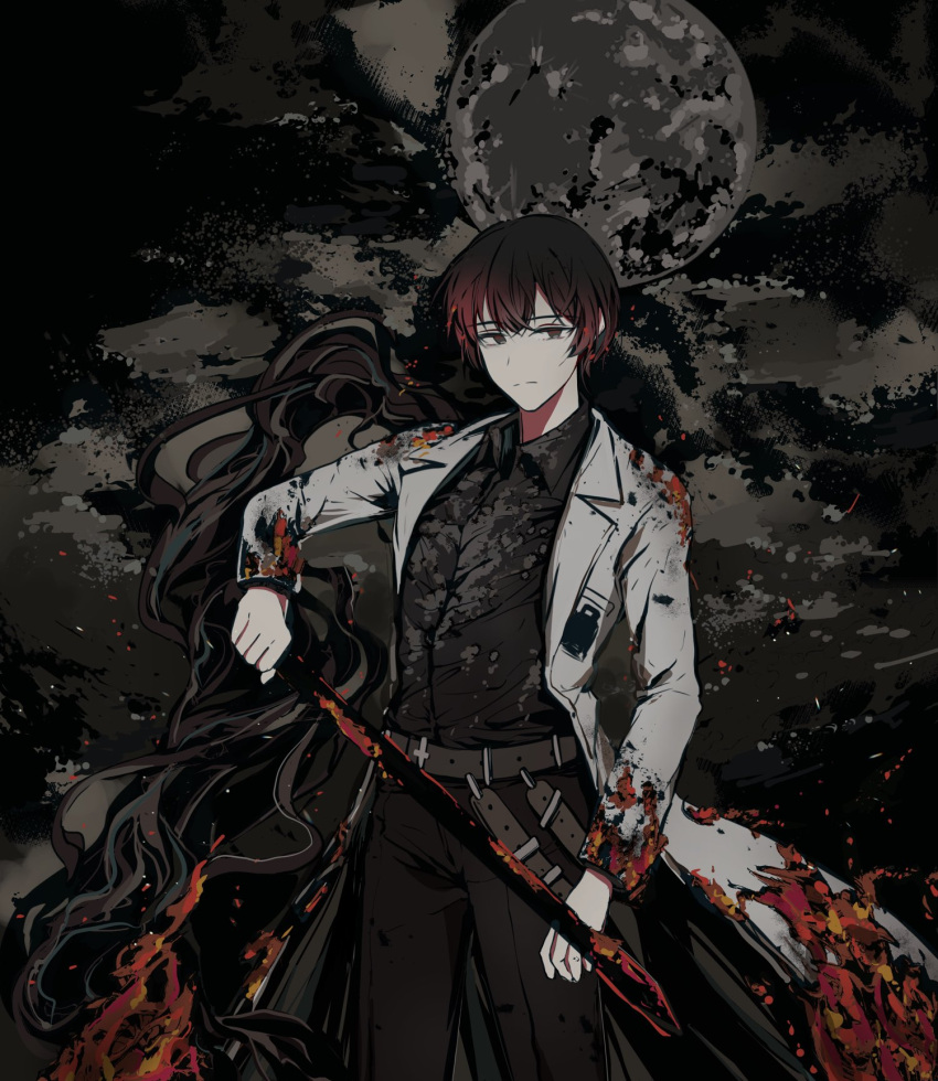 black_hair black_shirt burnt_clothes closed_mouth coat e.g.o_(project_moon) fire highres holding holding_weapon labcoat limbus_company multicolored_hair pants project_moon shirt short_hair smoke tractrix weapon white_coat yi-sang_(limbus_company)