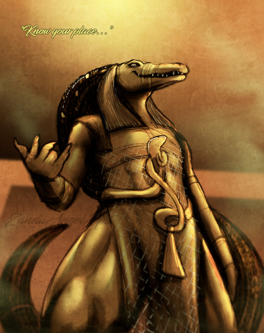 ammit_(moon_knight) anthro bandage black_hair braided_hair clothing crocodile crocodilian crocodylid deity egyptian_clothing egyptian_headdress egyptian_mythology english_text female hair hi_res long_hair looking_at_viewer looking_down marvel marvel_cinematic_universe middle_eastern_mythology moon_knight_(series) muscular muscular_anthro muscular_female muscular_thighs mythology nemes_(clothing) parody prehensile_hair reptile scalie signature solo text zandiiangelspit