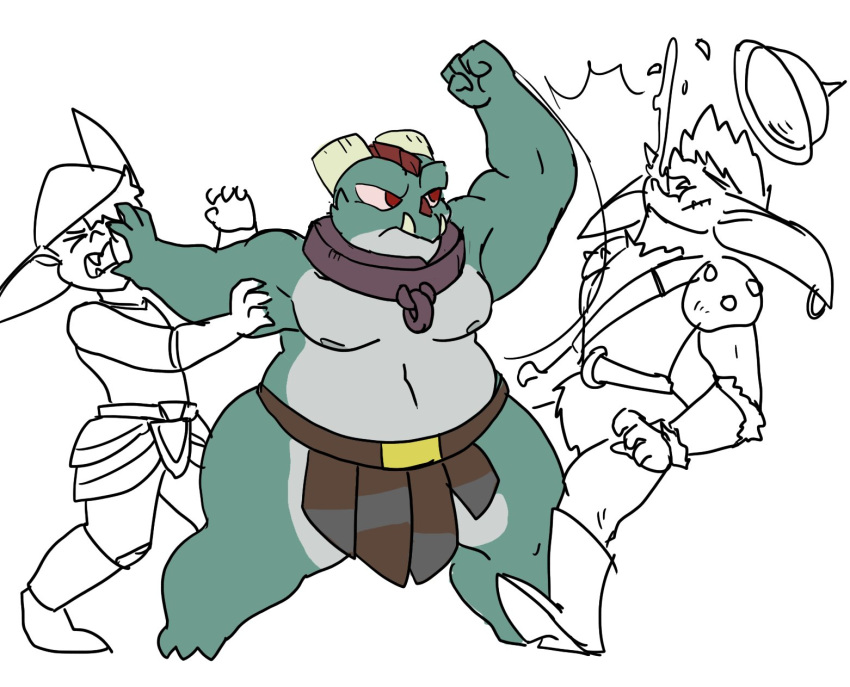 anthro brown_eyes clothed clothing collar ear_piercing fight goblin green_body green_scales group hi_res horn humanoid kobold male piercing punch scales thud_(vdisco) topless trio vdisco yellow_sclera