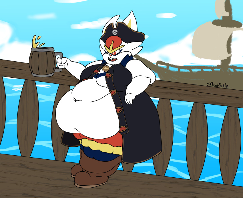 anthro belly beverage big_belly big_breasts boots breasts captain_style_cinderace cinderace clothed clothing detailed_background digital_media_(artwork) female feral footwear fur hi_res holding_mug holding_object lagomorph mammal mug nintendo obese obese_anthro obese_female one_eye_closed open_mouth overweight overweight_anthro overweight_female paceplusle pirate pirate_hat pirate_outfit pok&eacute;mon pok&eacute;mon_(species) pokemon_unite sea ship smile solo vehicle video_games water watercraft wink