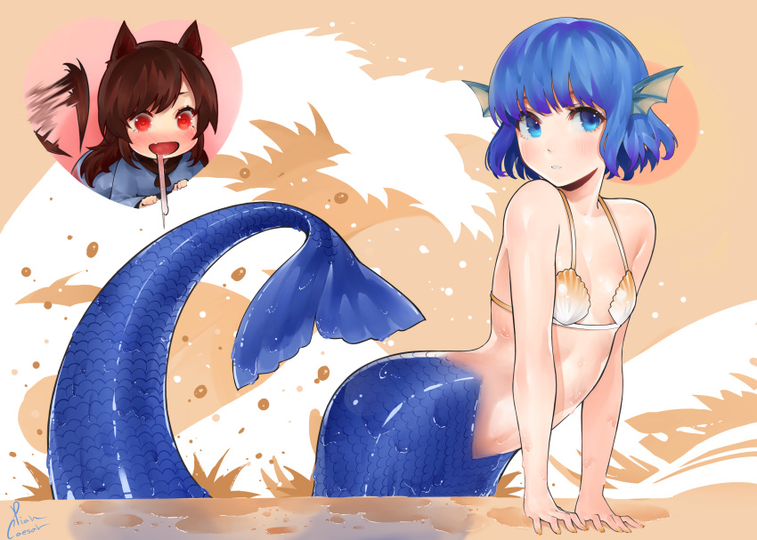 2girls :d absurdres animal_ears arm_support bangs blue_eyes blue_hair blush brown_hair commentary dress eyebrows_behind_hair fang grey_dress head_fins heart heart-shaped_pupils highres imaizumi_kagerou long_hair long_tongue mermaid monster_girl multiple_girls nose_blush parted_lips piancaesar red_eyes shell shell_bikini signature smile symbol-shaped_pupils tail tail_wagging tongue touhou wakasagihime wet wolf_ears wolf_girl wolf_tail