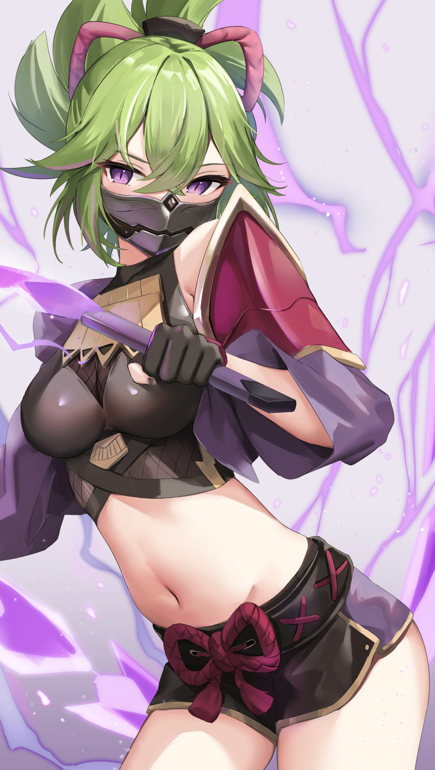 1girl absurdres armor bare_shoulders black_gloves black_shirt black_shorts breasts contrapposto cowboy_shot crop_top dagger electricity genshin_impact gloves green_hair highres holding knife kuki_shinobu long_hair looking_at_viewer mask medium_breasts midriff mouth_mask navel pauldrons ponytail purple_eyes shirt short_shorts shorts shoulder_armor single_pauldron skai_kun sleeveless sleeveless_shirt solo standing stomach thighs weapon