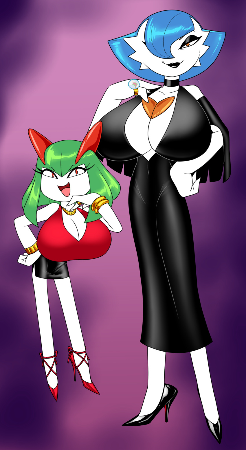 absurd_res amber_eyes big_breasts black_clothing black_dress black_eyeshadow black_lipstick blue_hair bottomwear breasts choker cleavage clothed clothing crovirus daughter dress duo eyeshadow female gabriella_(oofrowdy) gardevoir green_hair hair hand_on_hip hi_res high_heels jewelry kirlia kirly_(oofrowdy) laugh laughing_at lipstick looking_at_viewer makeup mega_evolution mega_gardevoir mega_stone miniskirt mother mother_and_child mother_and_daughter necklace nintendo parent parent_and_child pok&eacute;mon pok&eacute;mon_(species) red_eyes ring shiny_gardevoir simple_background size_difference skirt sleeveless_shirt smile v-cut video_games