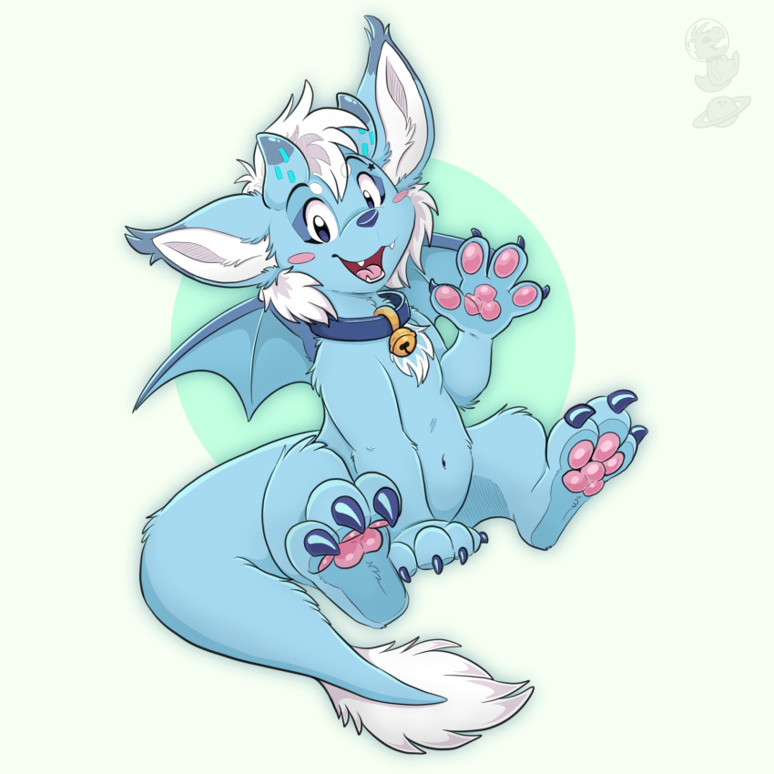 anthro big_ears blue_body blue_fur cugi_the_dragon dragon fur handpads handpaw hi_res horn male navel pawpads paws slightly_chubby solo sparky_dino waving_at_viewer waving_hand white_body white_fur wings