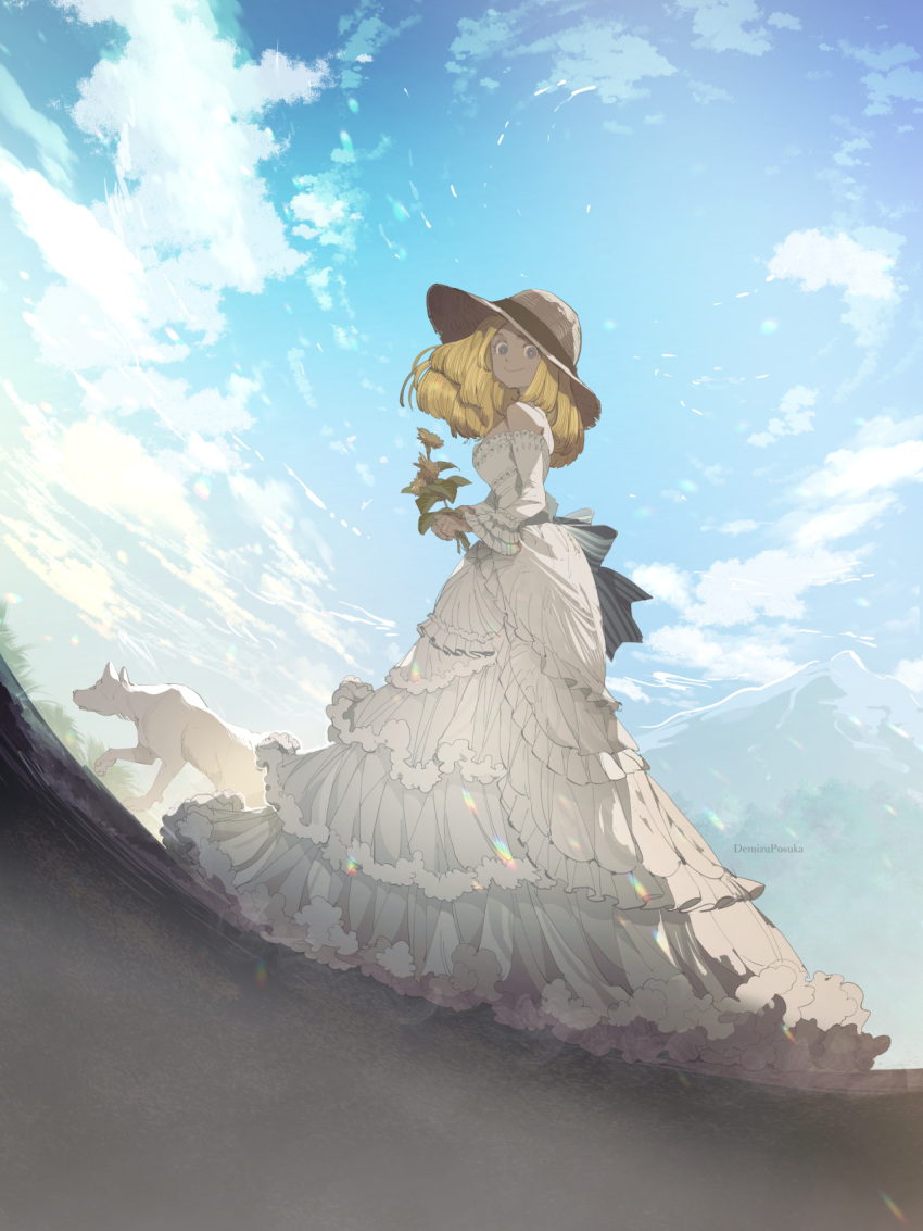 1girl back_bow backlighting bare_shoulders blonde_hair blue_eyes blue_sky bob_cut bow bright_pupils brown_headwear bush cloud commentary demizu_posuka dog dress flower hat highres holding holding_flower layered_dress long_sleeves looking_at_viewer off-shoulder_dress off_shoulder original outdoors short_hair sky smile solo straw_hat striped striped_bow twitter_username white_dress white_pupils yellow_flower