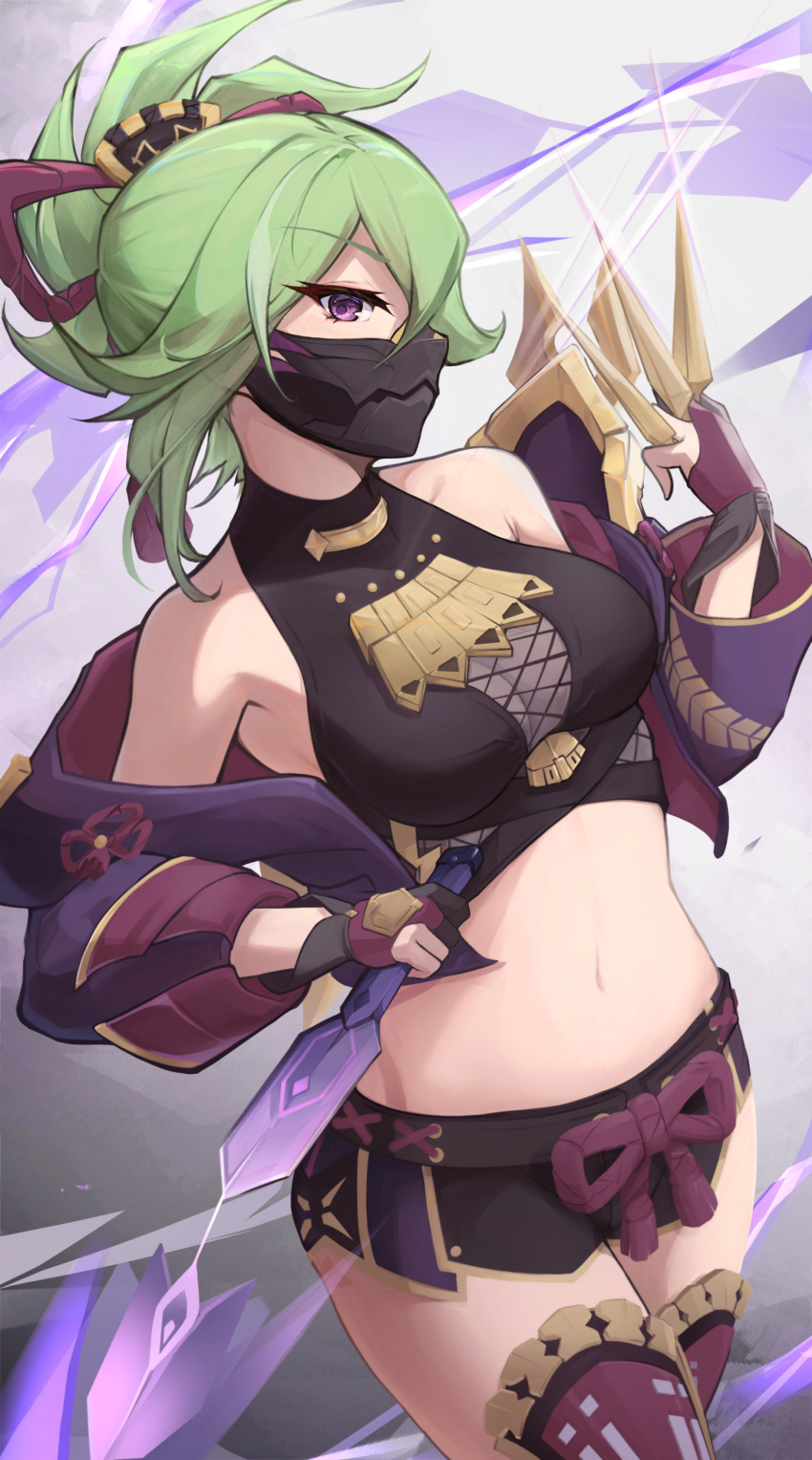 1girl absurdres bare_shoulders between_fingers black_shorts breasts cleavage crop_top cropped_jacket dual_wielding dutch_angle fishnet_top fishnets genshin_impact gloves green_hair hair_ornament highres holding holding_knife kanotype knife kuki_shinobu kunai mask medium_breasts midriff mouth_mask navel ninja ninja_mask off_shoulder partially_fingerless_gloves purple_eyes rope shimenawa short_ponytail short_shorts shorts solo stomach thighhighs thighs weapon