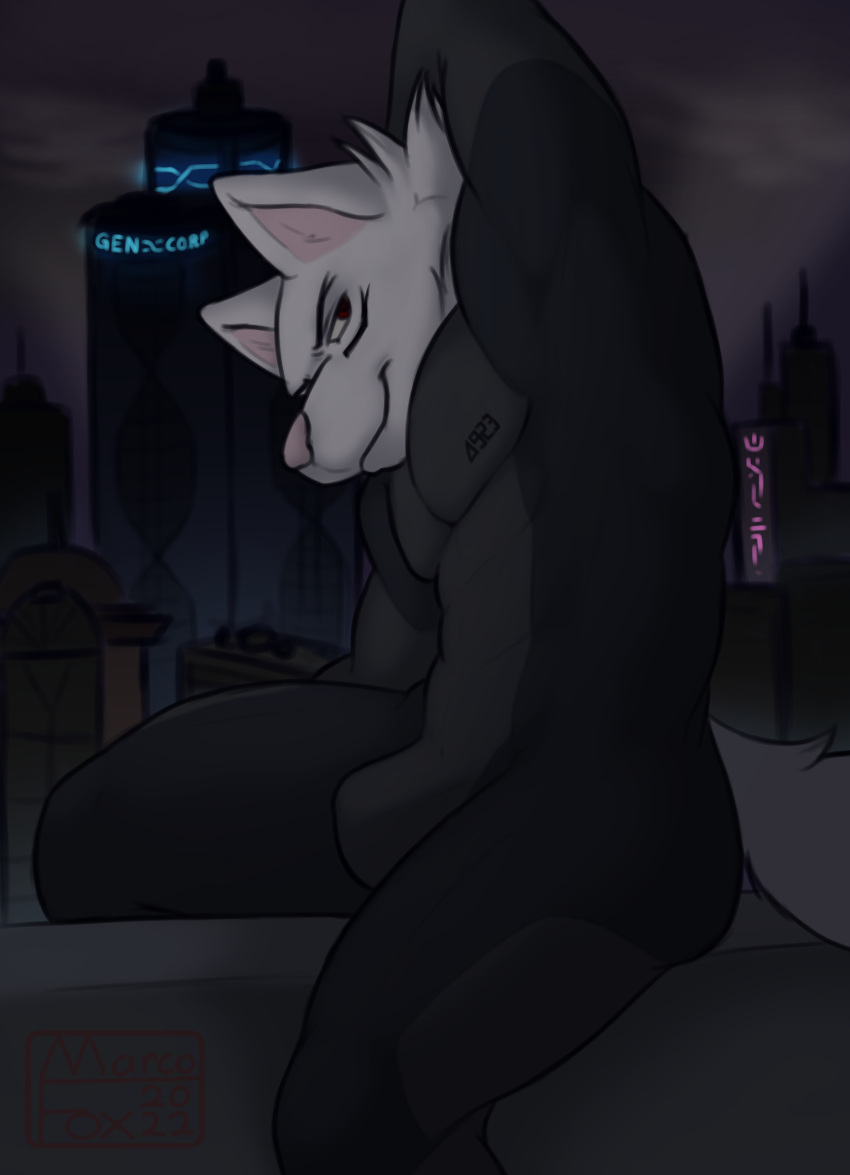 absurd_res albino anthro arm_over_head bodysuit canid canine canis city cityscape clothing facial_tattoo fur hi_res lobo_(marcofox) looking_at_viewer male mammal marcofox red_eyes skinsuit solo tattoo tight_clothing white_body white_fur wolf