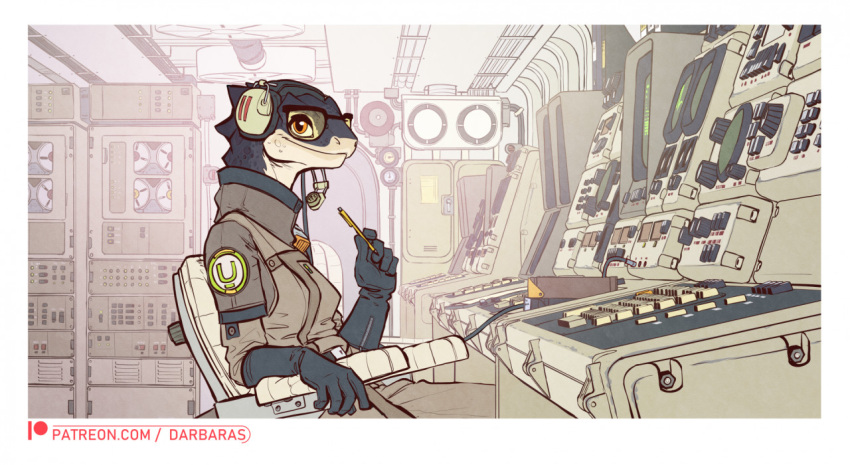 2022 anthro chair clothing darbaras eyewear female furniture glasses gloves handwear happy headphones inside lizard looking_at_viewer patreon patreon_logo patreon_username reptile scalie science_fiction signature sitting smile solo story story_in_description uniform