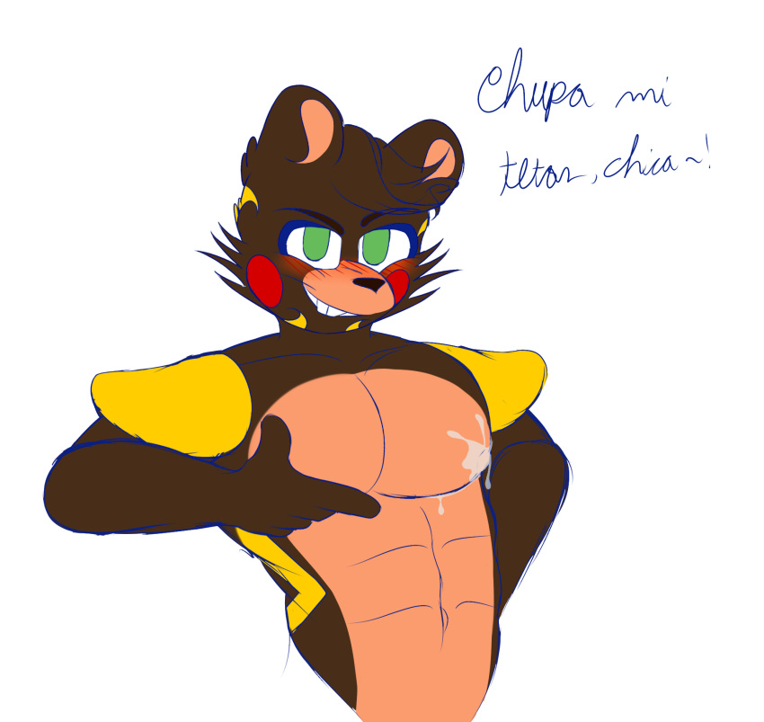 abs anthro beaver big_pecs blush blush_lines bodily_fluids breasts brown_body brown_fur brown_hair countershade_face countershade_torso countershading drool_on_body drool_on_chest el_chip_(fnaf) five_nights_at_freddy's freddy_fazbear's_pizzeria_simulator fur green_eyes hair hi_res jflare205 male mammal markings muscular muscular_anthro muscular_male nipple_fetish nipple_play nipples pecs presenting presenting_breasts rodent saliva saliva_string scottgames smile solo spanish_text standing text video_games yellow_markings