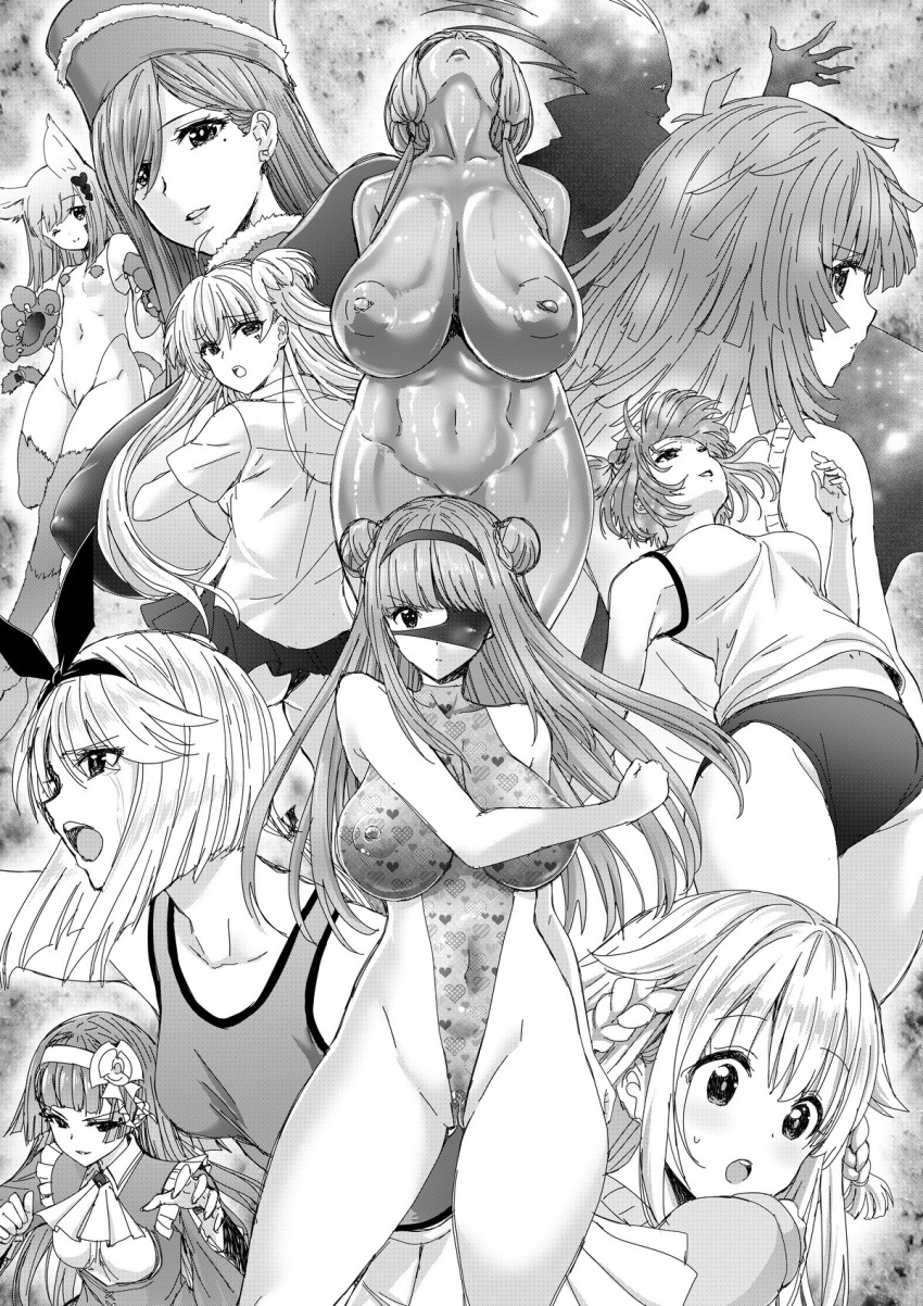 1other animal_ears animal_hands breasts buruma cameltoe cat_paws completely_nude convenient_censoring covered_nipples double_bun greyscale gym_shirt gym_uniform hairband harukado_yua highleg highleg_leotard highres impossible_clothes impossible_leotard large_breasts leotard long_hair medium_breasts monochrome multiple_girls mutsukaze_rinon nude official_art one_eye_covered partially_visible_vulva petrification ran_(yamatoagu) revealing_clothes shirt skin_tight tail thick_thighs thighs yoshibari_aubade