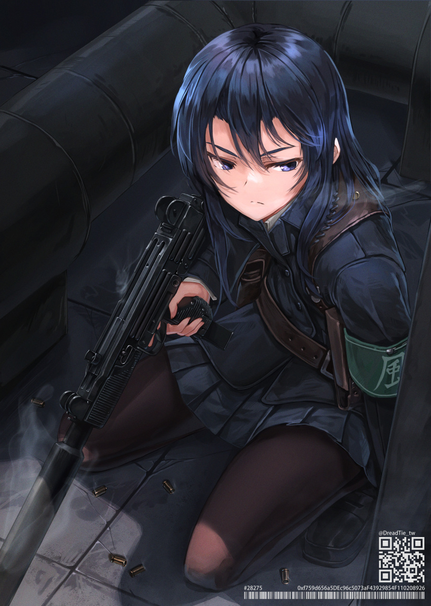 1girl absurdres bangs black_eyes black_footwear black_hair black_jacket black_legwear black_skirt closed_mouth dreadtie full_body gun highres holding holding_gun holding_weapon imi_uzi jacket long_hair long_sleeves original qr_code shell_casing skirt solo submachine_gun suppressor trigger_discipline weapon