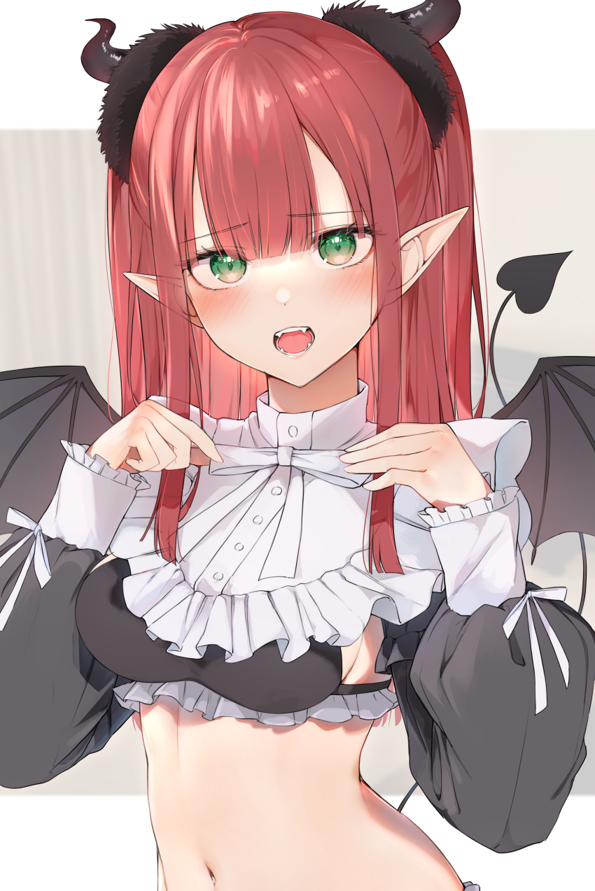1girl absurdres auui black_wings bow breasts commentary_request cosplay demon_girl demon_horns demon_tail demon_wings fangs frills grey_background hands_up highres horns kitagawa_marin long_hair long_sleeves looking_at_viewer medium_breasts navel open_mouth pointy_ears puffy_long_sleeves puffy_sleeves red_hair rizu-kyun rizu-kyun_(cosplay) sidelocks sleeves_past_wrists solo sono_bisque_doll_wa_koi_wo_suru tail two-tone_background upper_body white_background white_bow wings