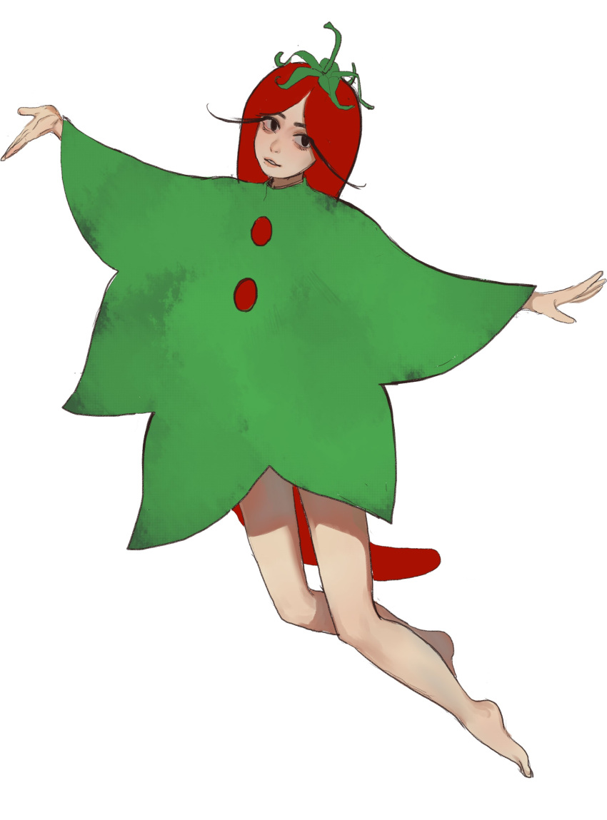 1girl absurdres barefoot copyright_request highres long_hair looking_at_viewer mossacannibalis outstretched_arms parted_lips red_hair simple_background smile solo spread_arms tomato_costume very_long_hair white_background