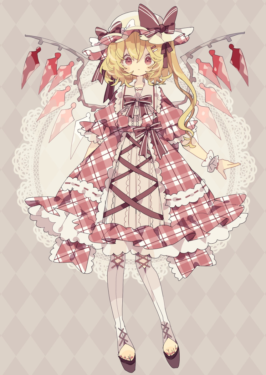 1girl :&lt; alternate_costume blonde_hair blush bow bowtie checkered_clothes checkered_dress closed_mouth commentary cross-laced_clothes cross-laced_legwear crystal dress dress_bow flandre_scarlet full_body geta hair_between_eyes hat hat_bow highres long_hair looking_at_viewer nikorashi-ka one_side_up red_bow red_bowtie red_dress red_eyes solo sun_hat toenails touhou white_bow white_headwear white_legwear wings wrist_cuffs