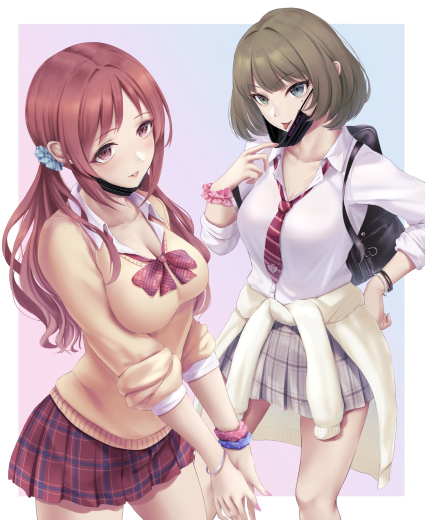 2girls :p black_mask bob_cut bow bowtie breasts cardigan cardigan_around_waist cleavage clothes_around_waist gradient gradient_background green_hair gyaru heterochromia highres idolmaster idolmaster_cinderella_girls kogal large_breasts loose_bowtie loose_necktie mask_pull mifune_miyu mole mole_under_eye momi_yuro multiple_girls necktie open_mouth own_hands_together paid_reward_available red_eyes red_hair scrunchie simple_background takagaki_kaede tongue tongue_out twintails wrist_scrunchie