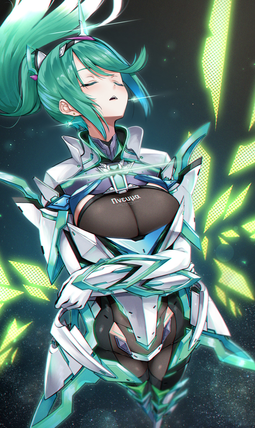 1girl armor bangs breasts chest_jewel cleavage earrings gem gloves green_hair hair_ornament headpiece high_ponytail highres jewelry large_breasts long_hair pneuma_(xenoblade) ponytail simple_background solo swept_bangs tiara very_long_hair xenoblade_chronicles_(series) xenoblade_chronicles_2 yuuki_shin