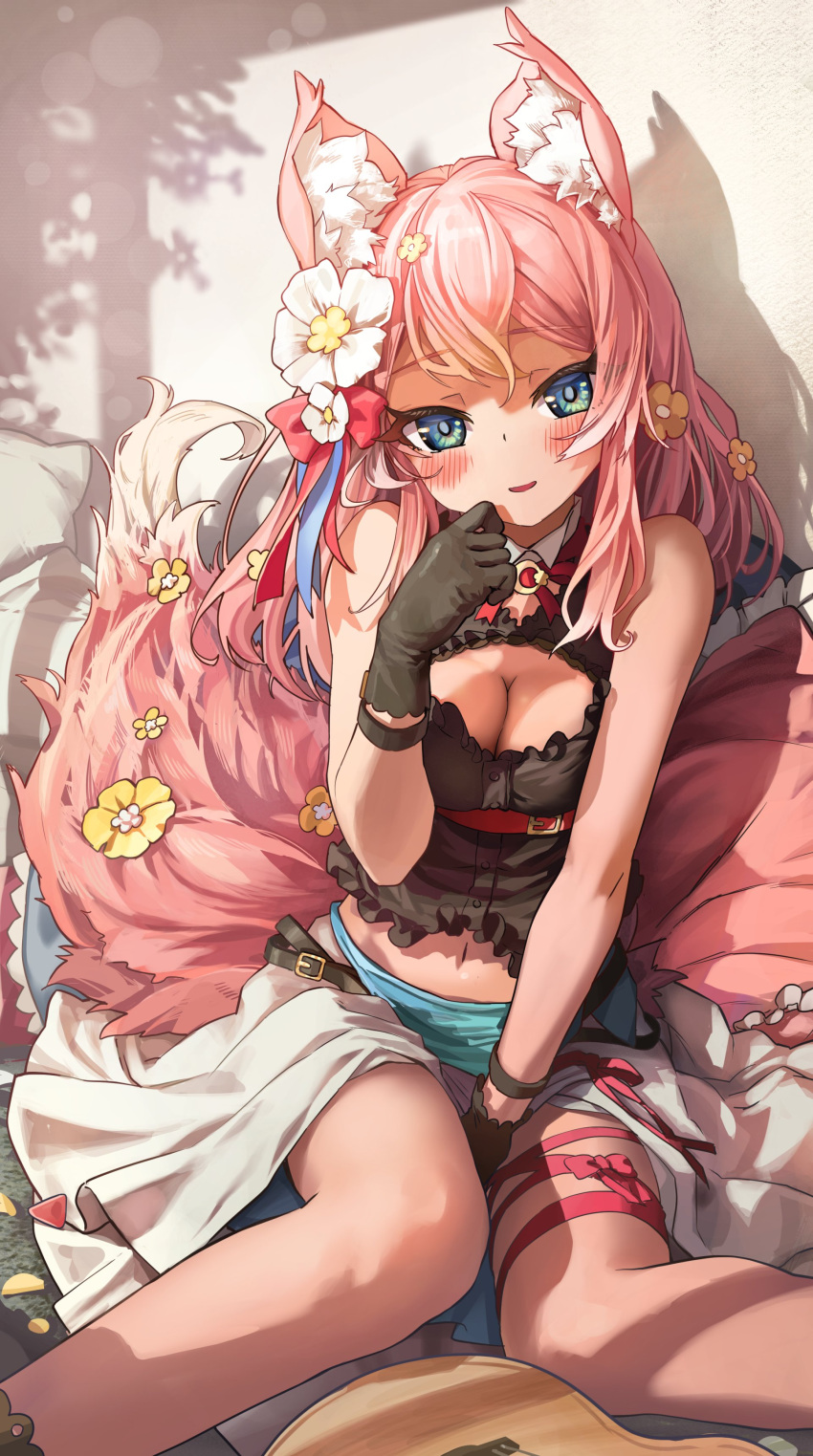 1girl absurdres animal_ear_fluff animal_ears bare_shoulders bell between_legs black_gloves blue_eyes blush breasts cleavage commission feet_out_of_frame flower flower_request fox_ears fox_tail gloves hair_flower hair_ornament hand_between_legs highres hizuki_rurufu jewelry knees_together_feet_apart long_hair looking_at_viewer melaton midriff navel parted_lips pink_hair shadow sitting skeb_commission smile snack_nili solo tail very_long_hair virtual_youtuber white_flower yellow_flower
