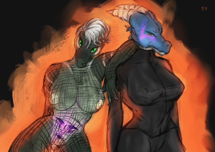 &lt;3 &lt;3_eyes absurd_res anthro big_breasts blue_body blue_skin breasts camel_toe clothing dinosaur dragon duo erect_nipples female female/female fishnet_clothing genitals glowing glowing_background glowing_tattoo green_body green_eyes green_skin hair hi_res horn leather leather_clothing lizard nipple_outline nipples pussy reptile ripped_fishnet rubber rubber_clothing rubber_suit scalie sketch small_waist tattoo thick_thighs thigh_gap umbraunderscore white_hair wide_hips