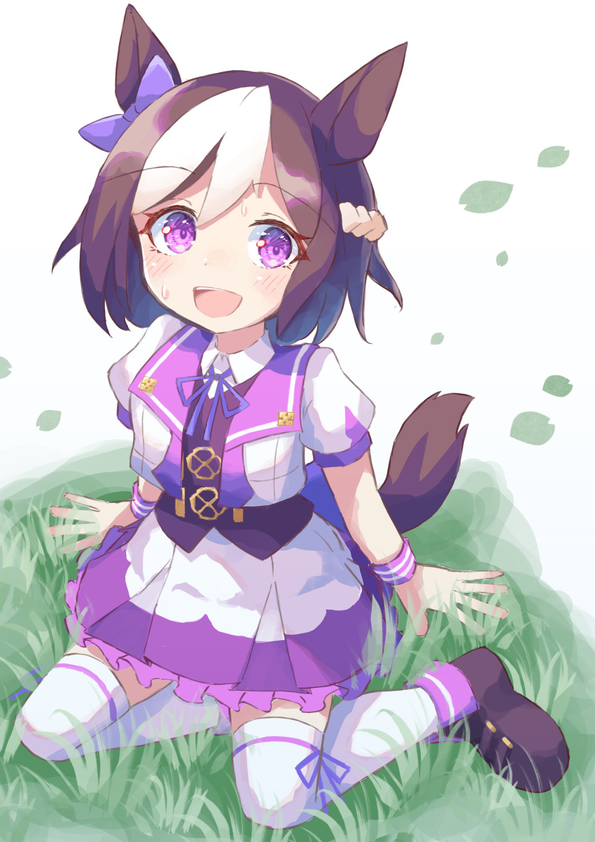 1girl :d absurdres animal_ears black_footwear black_vest blue_ribbon bow braid brown_hair collared_shirt commentary_request ear_bow frilled_skirt frills full_body highres horse_ears horse_girl horse_tail ichi_(ichi.colors) jacket looking_at_viewer multicolored_hair neck_ribbon on_grass open_clothes open_jacket pleated_skirt puffy_short_sleeves puffy_sleeves purple_bow purple_eyes ribbon shirt shoes short_sleeves sitting skirt smile solo special_week_(umamusume) sweat tail thighhighs two-tone_hair umamusume vest white_background white_hair white_jacket white_legwear white_shirt white_skirt yokozuwari