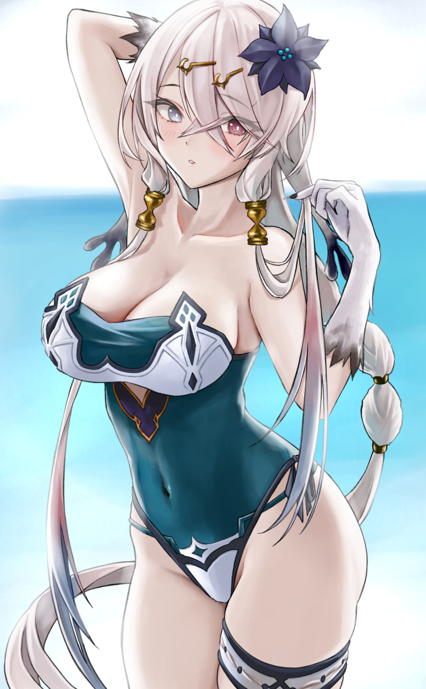 1girl absurdres atelier_(series) atelier_ryza breasts cleavage elbow_gloves flower gloves green_swimsuit hair_flower hair_ornament highleg highres huziko32 large_breasts lila_decyrus multicolored_hair navel skindentation solo swimsuit thigh_strap thighs white_gloves white_hair