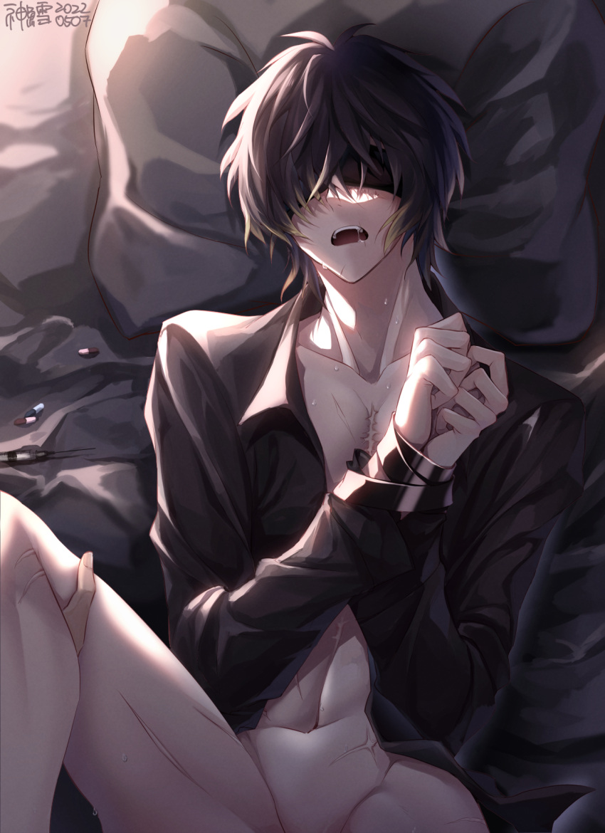 1boy black_hair black_shirt blindfold bound bound_wrists dated drugs highres implied_sex long_sleeves lying male_focus on_back on_bed open_clothes open_mouth open_shirt pill pillow saliva scar scar_on_chest scar_on_leg scar_on_stomach shirt slow_damage sweat syringe towa_(slow_damage) willfin