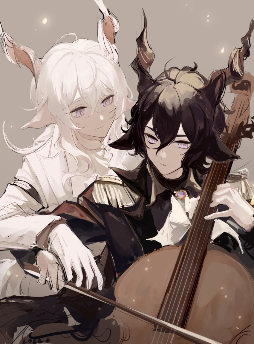 2boys animal_ears arknights black_hair black_jacket cello check_gender ebenholz_(arknights) epaulettes grey_background grey_eyes heitongzibuhuidajia highres horns instrument jacket multiple_boys simple_background upper_body white_hair white_jacket