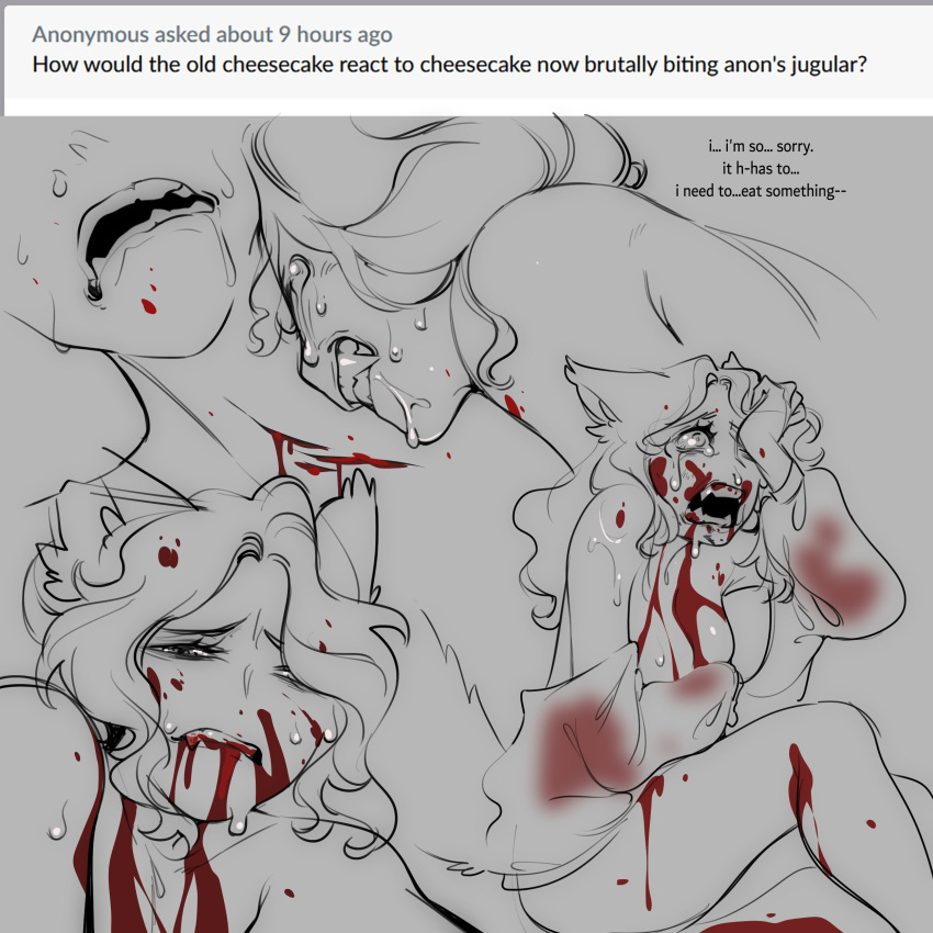 2022 absurd_res animal_humanoid bite_mark blood_on_body blood_on_face bodily_fluids canid canid_humanoid canine canine_humanoid crying faceless_character fangs fox_humanoid glacierclear gore hi_res human humanoid mammal mammal_humanoid spot_color strawberry_cheesecake_(glacierclear) sweat tears vampire