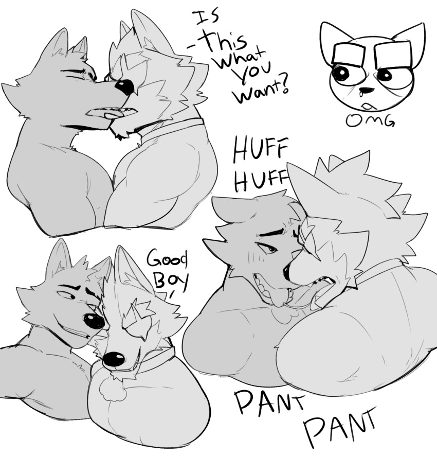 anthro bodily_fluids canid canine canis collar dreamworks duo eye_patch eyewear greyscale hi_res jrjresq kissing male male/male mammal monochrome mr._wolf_(the_bad_guys) muscular muscular_male nintendo saliva saliva_string star_fox the_bad_guys video_games wolf wolf_o'donnell