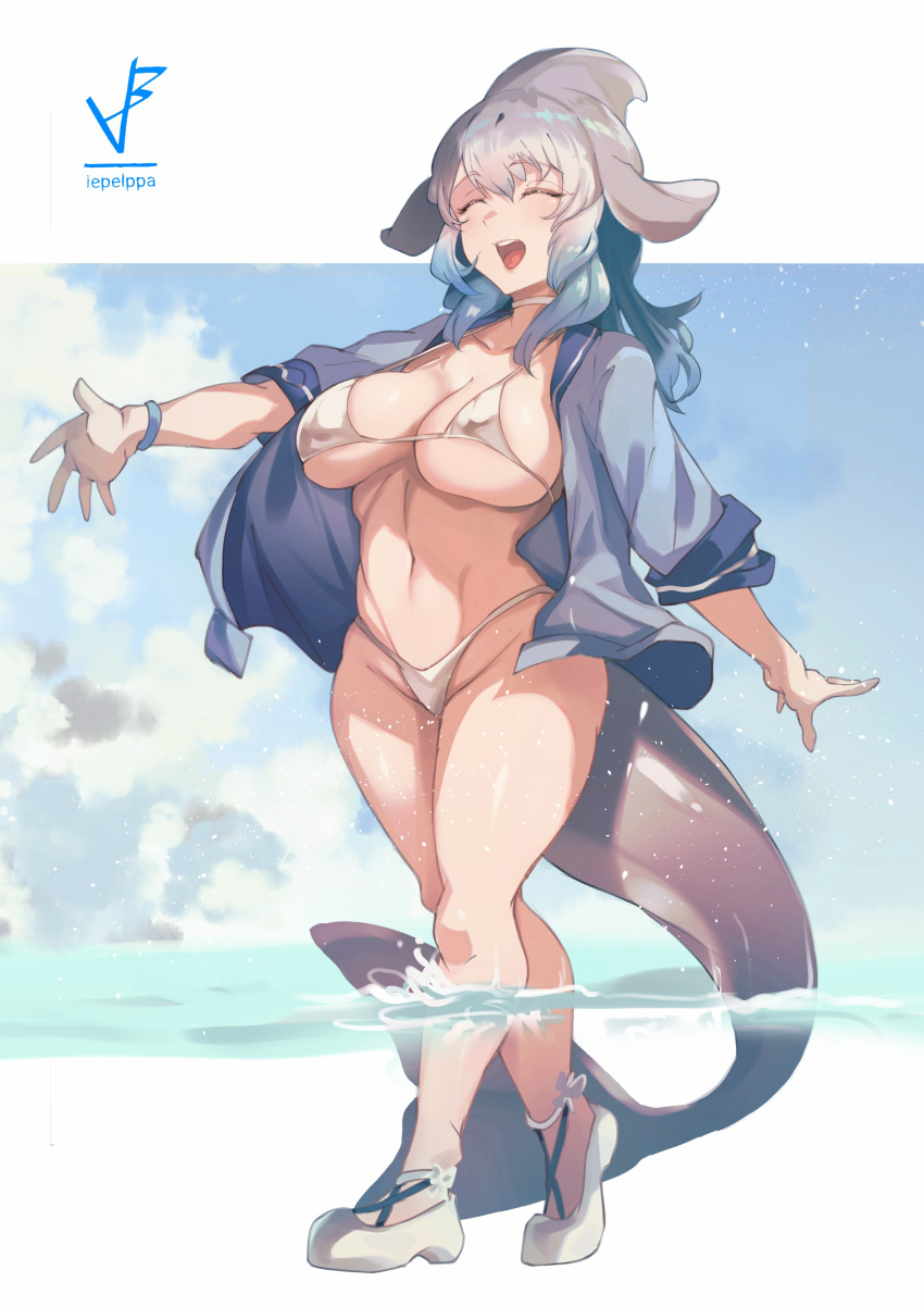 1girl ^_^ absurdres alternate_breast_size artist_logo bangs bare_legs bikini bikini_under_clothes blowhole blue_hair breasts cetacean_tail choker closed_eyes collarbone common_bottlenose_dolphin_(kemono_friends) covered_nipples day dolphin_girl dorsal_fin eyebrows_visible_through_hair fins full_body grey_hair groin hair_between_eyes halterneck happy head_fins highleg highleg_bikini highres iparuputsua kemono_friends large_breasts letterboxed long_hair micro_bikini multicolored_hair navel no_pants older open_clothes open_mouth open_shirt outdoors outstretched_arms outstretched_hand shirt shoes smile solo splashing spread_fingers stomach swimsuit tail tail_fin wading walking water