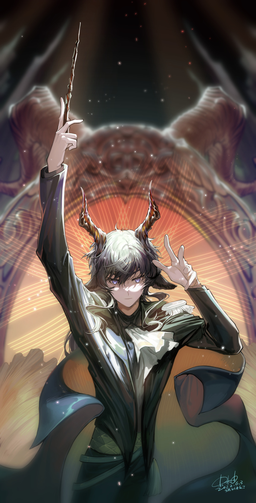 1boy absurdres animal_ears arknights arm_up ascot baton_(conducting) black_hair black_jacket cape chongyou_pomelo commentary ebenholz_(arknights) hand_up highres holding horns jacket long_sleeves male_focus purple_eyes short_hair solo upper_body white_ascot