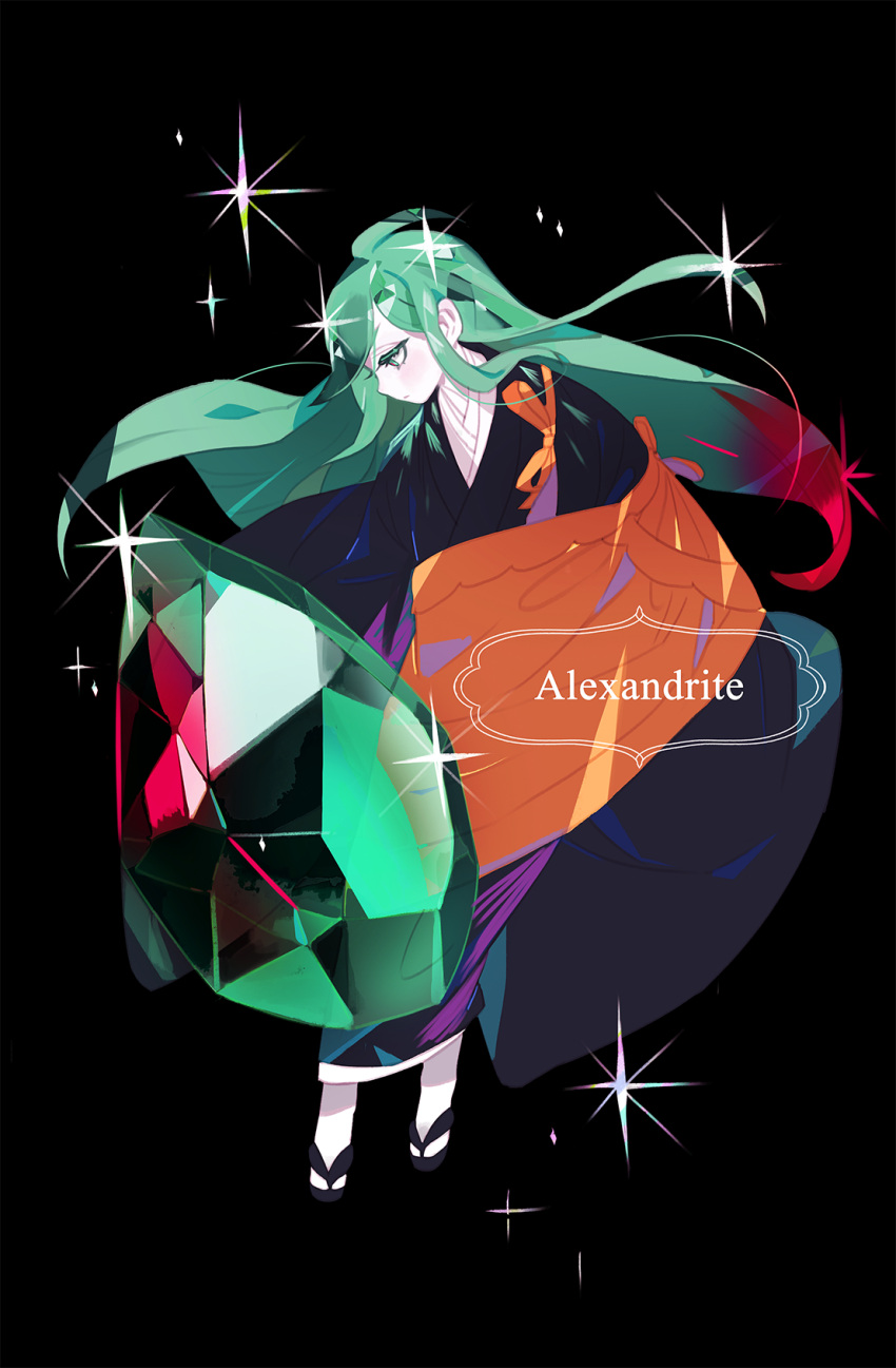 1other alexandrite_(houseki_no_kuni) androgynous black_background black_kimono character_name colored_eyelashes cosplay eyelashes floating_hair full_body gem green_gemstone green_hair gwayo highres houseki_no_kuni japanese_clothes kesa kimono kongou_sensei kongou_sensei_(cosplay) long_hair long_sleeves looking_away looking_down object_namesake profile red_gemstone red_hair simple_background sleeves_past_fingers sleeves_past_wrists solo sparkle tabi very_long_hair white_legwear wide_sleeves zouri