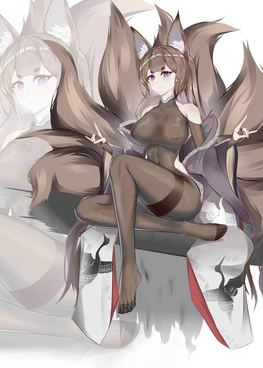 1girl 3098644761 \m/ absurdres amagi_(azur_lane) animal_ears animal_print azur_lane bare_shoulders bird bodystocking breasts brown_hair brown_tail chinese_commentary clothing_cutout covered_nipples crane_(animal) fox_ears full_body highres japanese_clothes kimono kitsune kyuubi large_breasts long_hair long_sleeves multiple_tails no_shoes open_clothes open_kimono purple_eyes shoulder_cutout soles solo tail white_kimono wide_sleeves