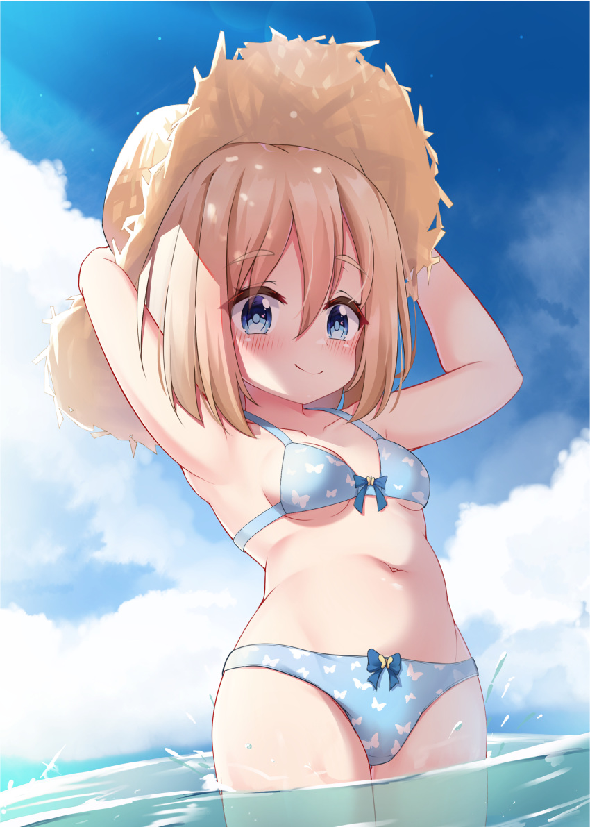 1girl absurdres blue_eyes blush brown_hair cloud cloudy_sky female_child hat highres looking_at_viewer luxuriou_s navel neptune_(series) outdoors paid_reward_available rom_(neptune_series) short_hair sky solo straw_hat swimsuit