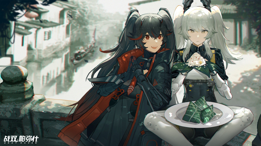 2girls annoyed fence highres jacket leaning lucia_(punishing:_gray_raven) multiple_girls open_mouth own_hands_clasped own_hands_together punishing:_gray_raven rice smile teeth twintails zhang_shuang_pa_mi_shi
