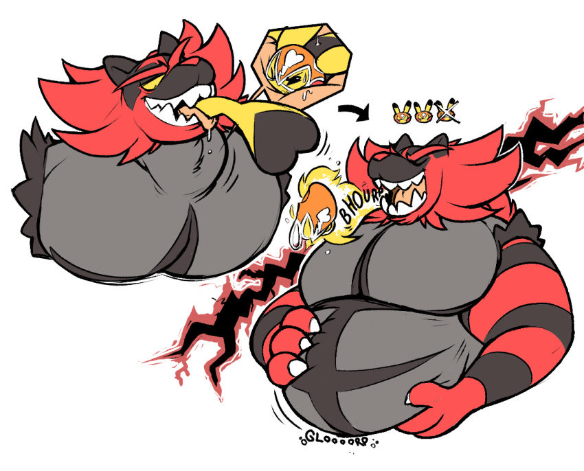 anthro belly big_belly bodily_fluids boot_(artist) burping burping_up_objects death digestion drooling duo eyes_closed fatal_vore felid feline female fur grey_body grey_fur hand_on_stomach incineroar male male/female mammal muscular muscular_male neck_bulge nintendo open_mouth oral_vore pikachu pok&eacute;mon pok&eacute;mon_(species) red_body red_fur rumbling_stomach saliva size_difference tongue tongue_out video_games vore yellow_body yellow_fur