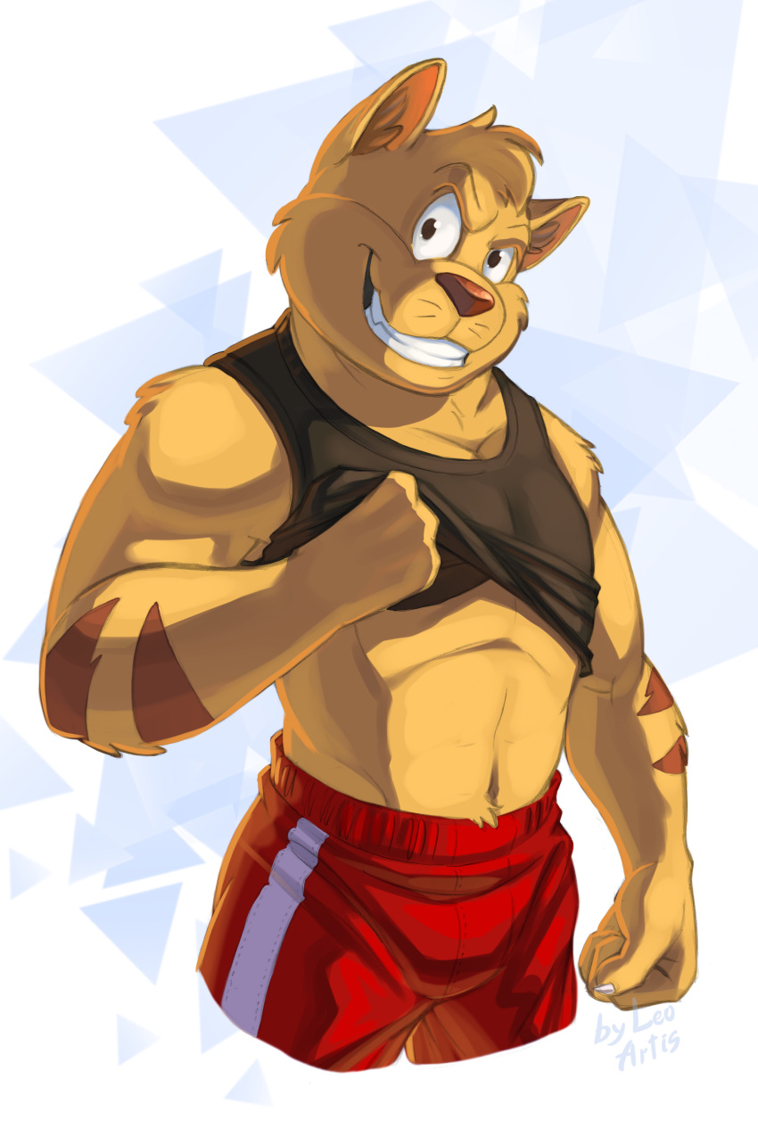 2022 absurd_res anthro black_clothing black_shirt black_tank_top black_topwear bottomwear chance_furlong clothing domestic_cat felid feline felis fur hanna-barbera hi_res leo-artis male mammal red_bottomwear red_clothing red_shorts shirt shorts simple_background solo swat_kats tank_top teeth topwear white_background