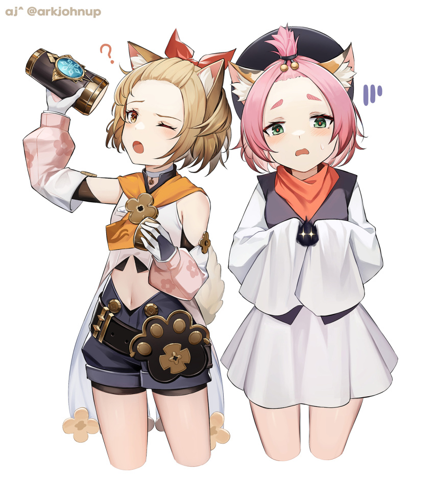 2girls ;o animal_ear_fluff animal_ears ark_john_up artist_name ash_blossom_&amp;_joyous_spring bangs_pinned_back belt black_belt black_headwear black_shorts blush bow brown_eyes brown_hair cat_ears cat_girl cat_tail choker cocktail_shaker commentary cosplay costume_switch cowboy_shot creature cropped_legs crossover detached_sleeves diona_(genshin_impact) dress embarrassed english_commentary floral_print forehead genshin_impact gloves green_eyes hair_bow hat highres long_sleeves looking_at_viewer looking_away looking_up multiple_girls navel one_eye_closed open_mouth paw_print paw_print_palms pink_hair pouch red_bow shirt short_dress short_eyebrows short_hair shorts sidelocks simple_background sleeveless sleeveless_shirt sleeves_past_fingers sleeves_past_wrists sparkling_eyes standing sweatdrop tail thick_eyebrows twitter_username white_background white_choker white_dress white_gloves white_shirt yu-gi-oh!