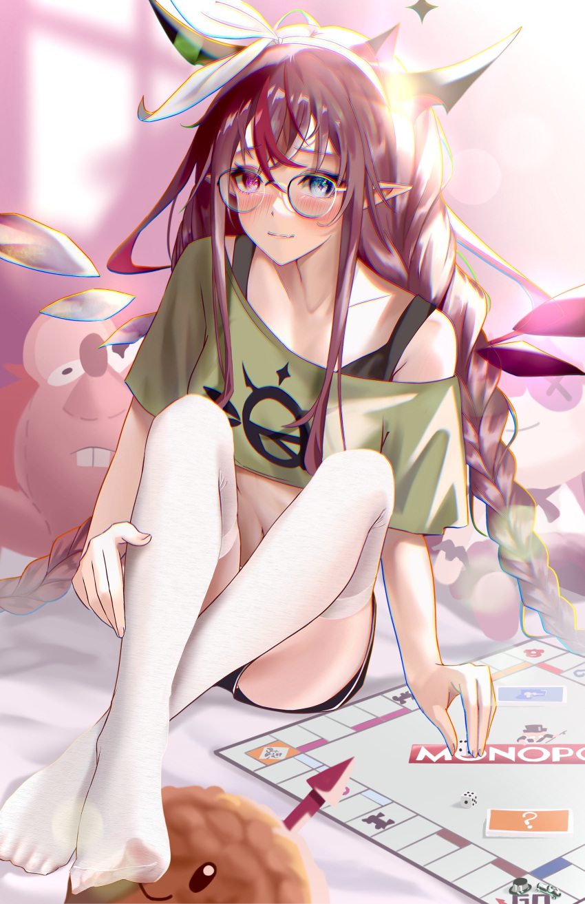 1girl absurdres bespectacled blue_eyes blush board_game bra_strap braid casual chantsunyuen1997 collarbone crop_top dolphin_shorts feet glasses hakos_baelz hakos_baelz_(rat) highres hololive hololive_english horns irys_(hololive) long_hair midriff monopoly navel pink_eyes pointy_ears red_hair shorts solo stuffed_animal stuffed_toy toes twin_braids very_long_hair wings zettai_ryouiki