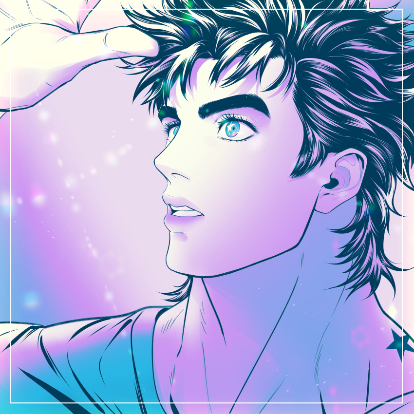 1boy absurdres acea_n birthmark black_hair blue_eyes close-up eyelashes highres joestar_birthmark jojo_no_kimyou_na_bouken jonathan_joestar limited_palette lips male_focus phantom_blood purple_lips shading_eyes solo