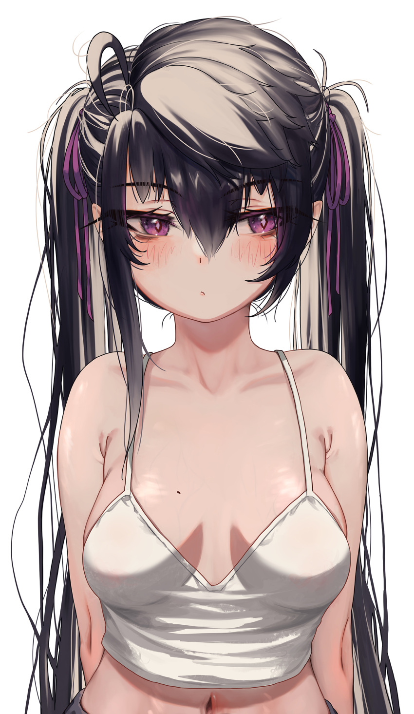 1girl :/ absurdres armpit_crease arms_behind_back bangs bare_shoulders black_hair blush bow breasts bright_pupils closed_mouth collarbone crop_top eyebrows_visible_through_hair hair_between_eyes hair_bow hair_ornament highres long_hair looking_to_the_side medium_breasts messy_hair mole mole_on_breast navel original priite_hari_(torriet) purple_bow purple_eyes shirt sidelocks simple_background skindentation solo spaghetti_strap straight_hair torriet tsurime twintails upper_body very_long_hair white_background white_shirt