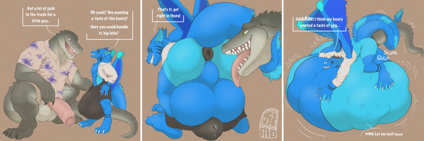 absurd_res anal anal_vore anthro antzy backsack balls big_balls big_bulge big_penis bodily_fluids bulge butt clothing comic crocodilian dialogue dragon duo fur furred_dragon genital_fluids genitals half-erect hi_res huge_balls huge_bulge huge_penis humanoid_genitalia humanoid_penis hyper hyper_balls hyper_genitalia hyper_penis larger_prey male male/male male_pred masterokami muscular muscular_male penis precum presenting presenting_hindquarters reptile scalie simple_background size_difference smaller_pred thick_tail thick_thighs vore