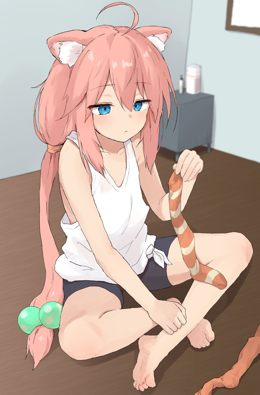 1girl absurdres ahoge animal_ears barefoot blue_eyes cat_ears cat_girl collarbone eyebrows_visible_through_hair feet flat_chest hair_bobbles hair_ornament highres hinata_channel holding holding_clothes holding_legwear indian_style long_hair low_twintails nekomiya_hinata pink_hair sitting sleeveless soles solo tank_top toes twintails virtual_youtuber white_tank_top yakihebi