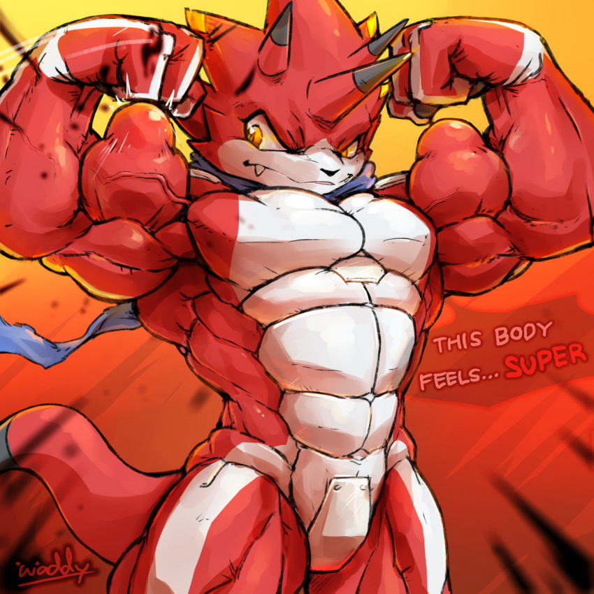 abs alternate_version_at_source anthro bandai_namco betelgammamon biceps big_muscles codpiece digimon digimon_ghost_game english_text hi_res horn huge_muscles hyper hyper_muscles male muscular muscular_anthro muscular_male pecs scalie solo text waddledox yellow_eyes