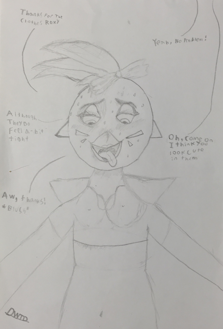 absurd_res anthro avian bird blush bodily_fluids breasts chicken cleavage clothed clothing darwin_the_dog dialogue ear_piercing ear_ring female five_nights_at_freddy's five_nights_at_freddy's:_security_breach galliform gallus_(genus) glamrock_chica_(fnaf) graphite_(artwork) hi_res navel nipple_outline open_mouth pencil_(artwork) phasianid piercing scottgames solo sweat tight_clothing tight_fit tight_topwear tongue tongue_out topwear traditional_media_(artwork) video_games