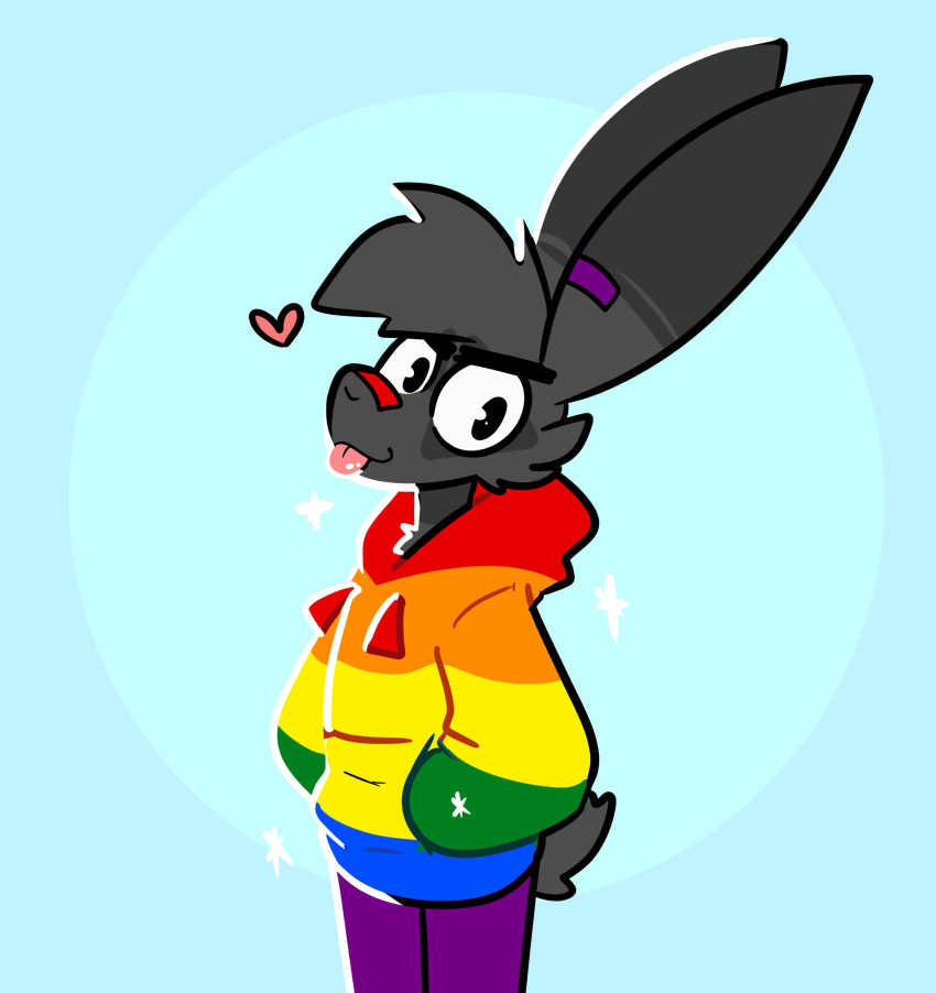 &lt;3 absurd_res anthro band-aid band-aid_on_nose bandage black_body black_fur blep blue_background cheek_tuft clothing facial_tuft fur grey_body grey_fur hi_res hoodie lagomorph leporid lgbt_pride looking_at_viewer male mammal narrowed_eyes nix_(the_xing1) pride_color_clothing pride_color_topwear pride_colors rabbit simple_background solo sparkles the_xing1 tongue tongue_out topwear tuft