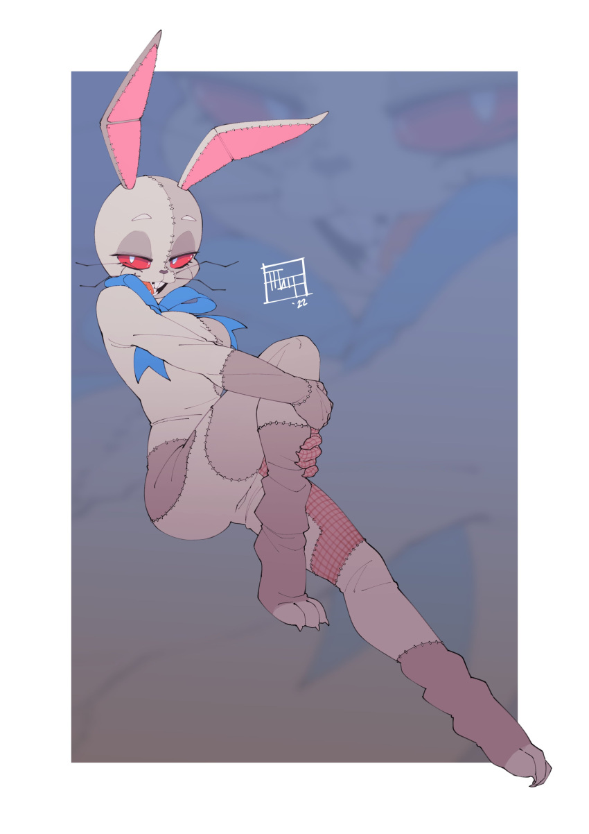 2022 absurd_res animate_inanimate anthro bedroom_eyes blue_bow_tie border bow_tie buckteeth bunny_costume clothing costume digital_media_(artwork) doll female five_nights_at_freddy's five_nights_at_freddy's:_security_breach hi_res humanoid khatnid lagomorph leporid living_doll looking_at_viewer mammal narrowed_eyes pose rabbit red_sclera scottgames seam_(sewing) seductive solo stitch_(sewing) teeth vanny_(fnaf) video_games whiskers white_border white_eyes