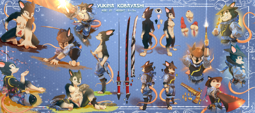 anthro anus asian_clothing clothing east_asian_clothing genitals gun japanese_clothing katana male mammal melee_weapon model_sheet murid murine ninja penis ranged_weapon rat rodent solo stampmats sword warrior weapon