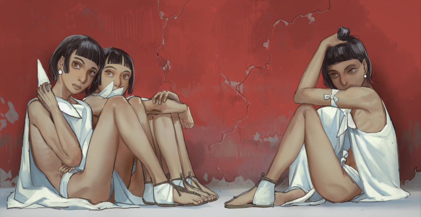 3boys aztec black_hair brown_eyes earrings from_side hand_up highres jewelry looking_at_viewer male_focus mossacannibalis multiple_boys original otoko_no_ko parted_lips robe sandals short_hair sitting topknot